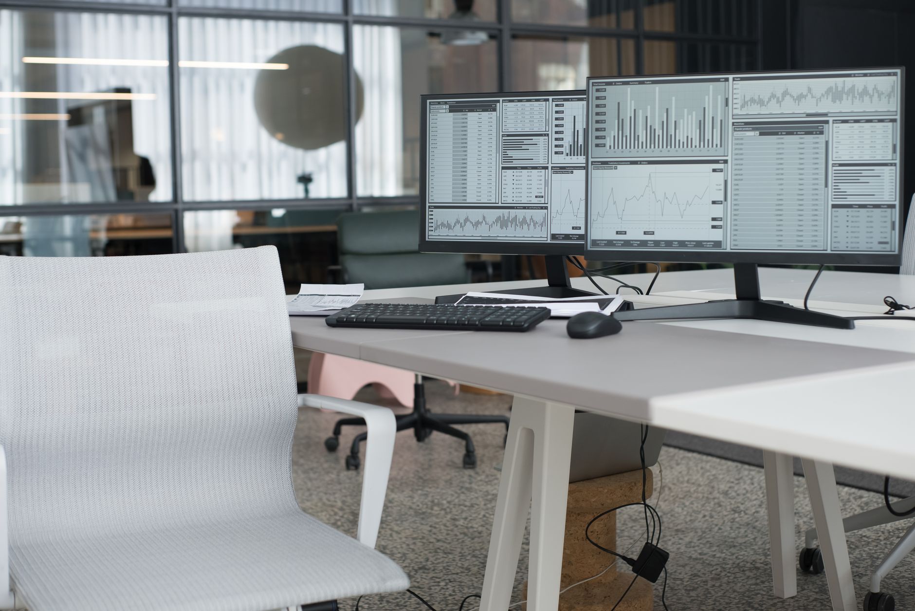 Development consultants at double monitor terminal